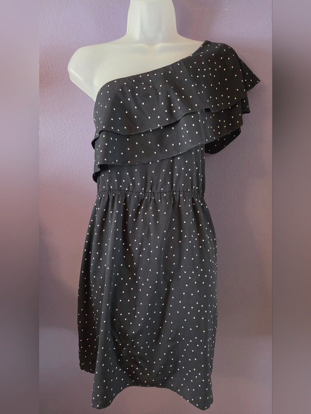Indulge Blue One-Shoulder With White Star Print Ruffle Dress